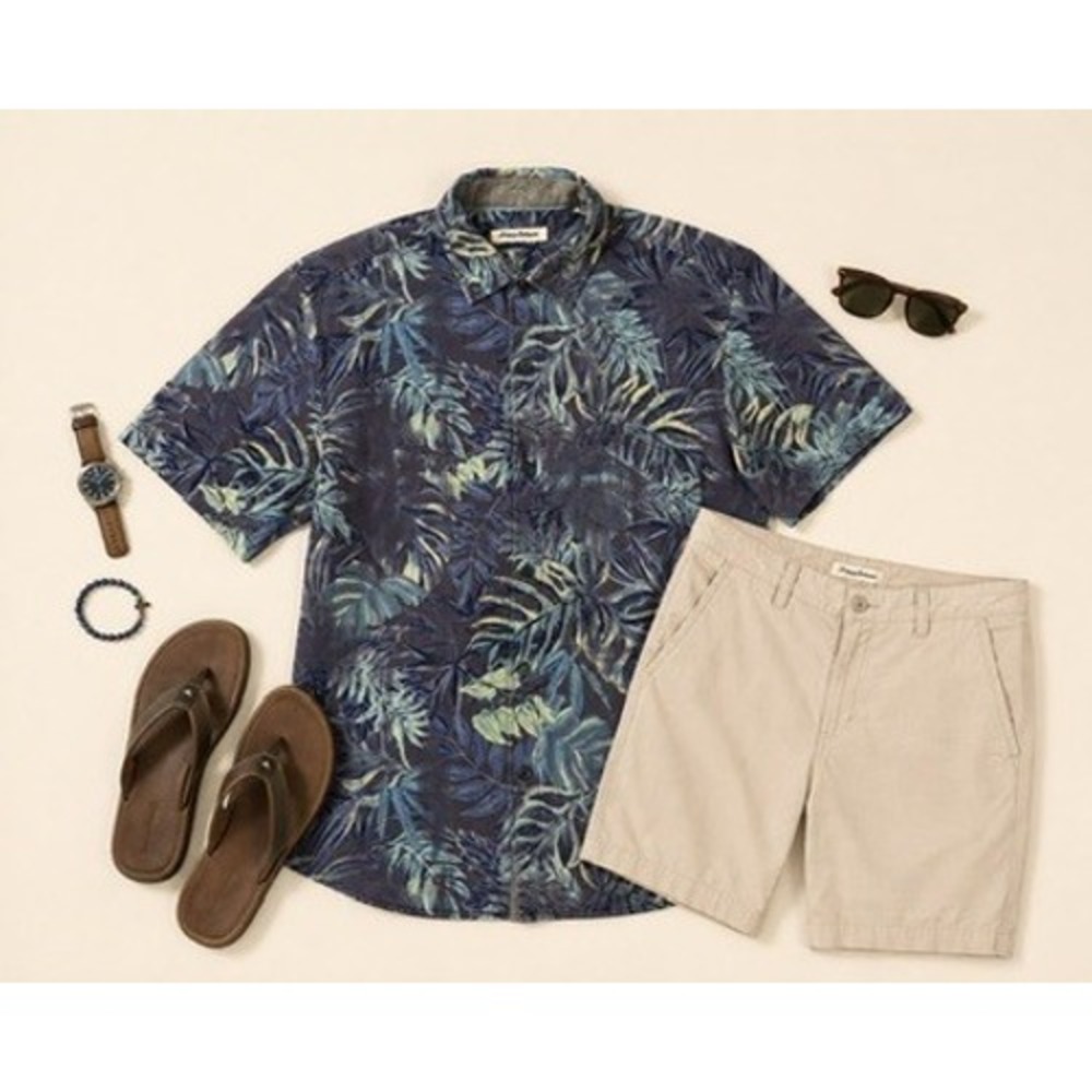 Tommy Bahama IslandZone Silk Blend Tropical Leaf Print Shirt Size Large
